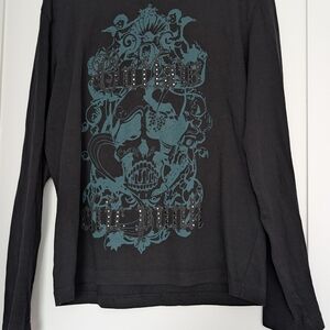 Hugo Boss Glam Goth Black Long Sleeve Shirt with Teal Skull Graphic Men's S